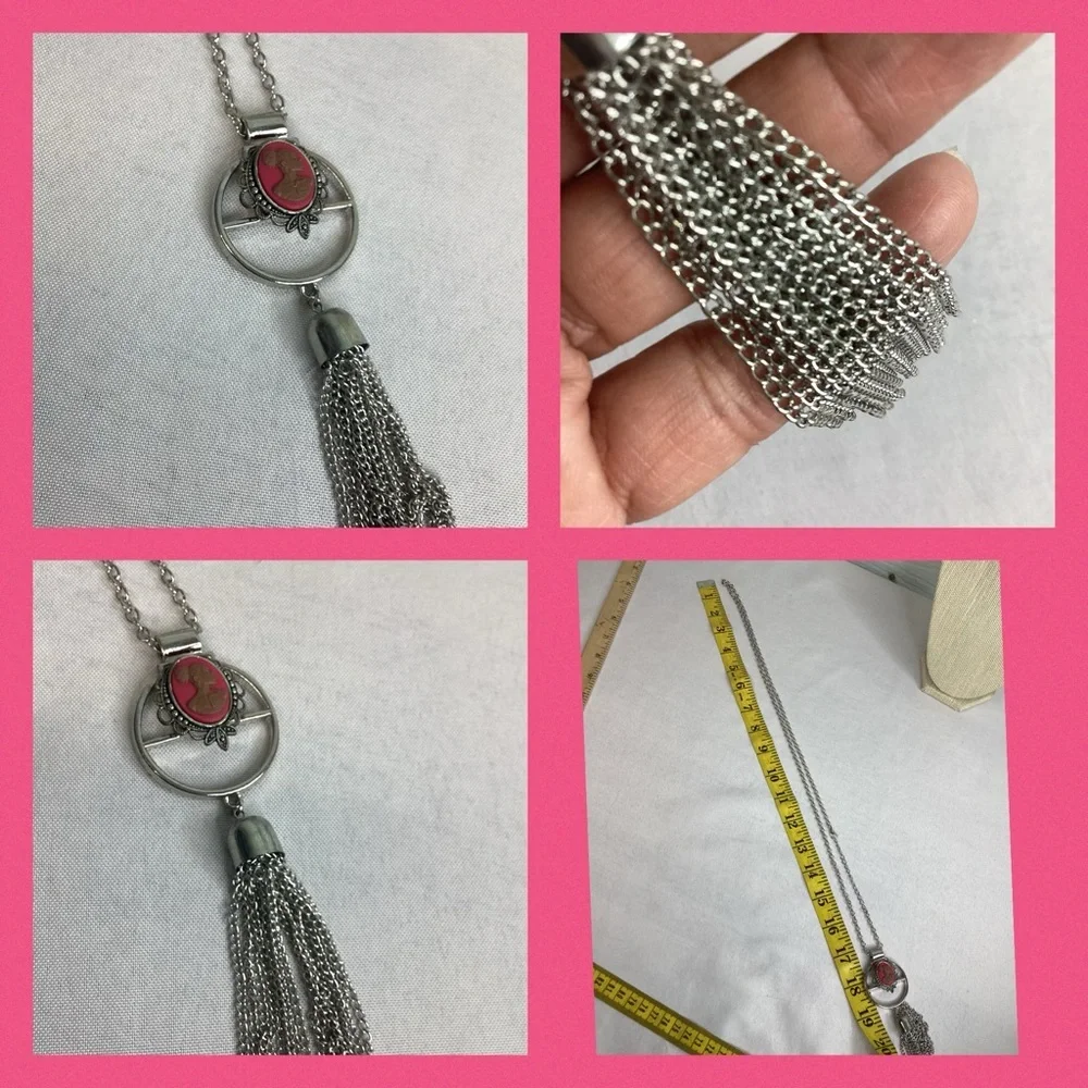 Pink and sliver cameo necklace.